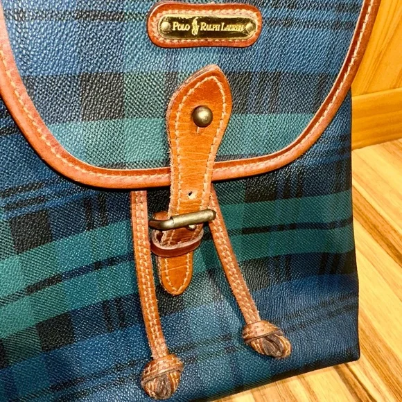 Vintage Polo Ralph Lauren BlueGreen Plaid Leather-Trimming
